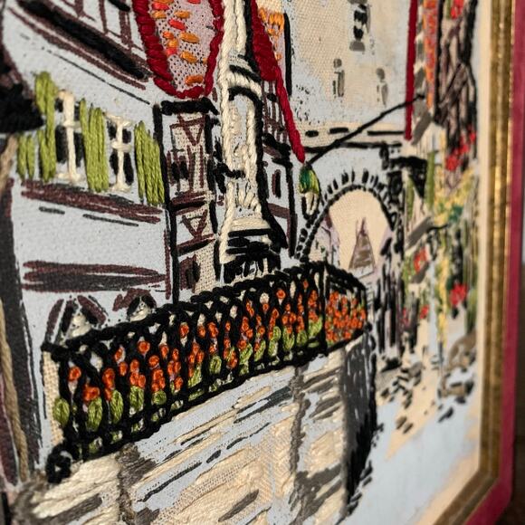 Vintage Crewel Needlepoint Embroidery and Paint Tapestry European Village Art - Picture 3 of 5